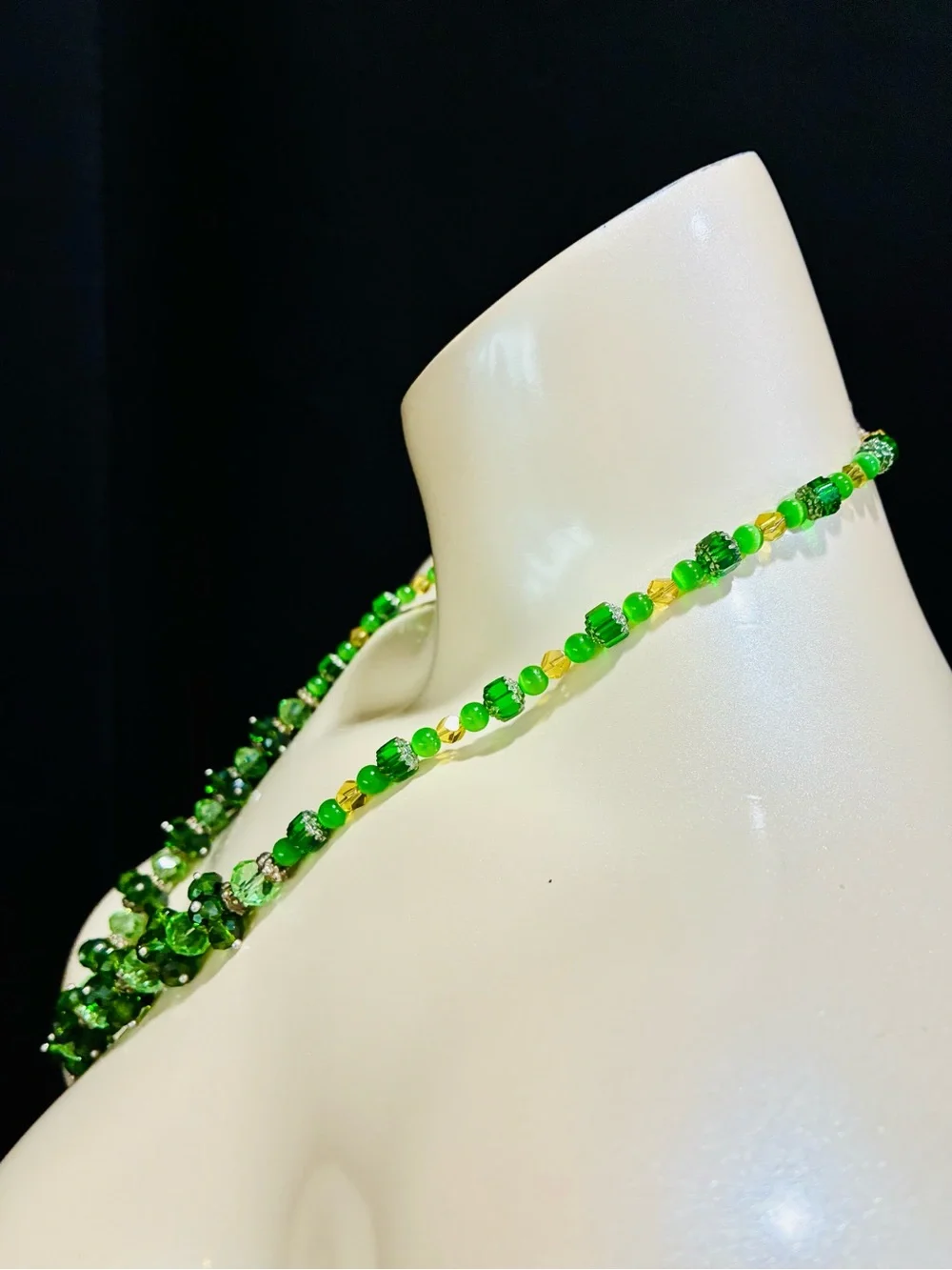 High End Austrian Crystal Dark and Light Green Beaded Necklace - Designer Style